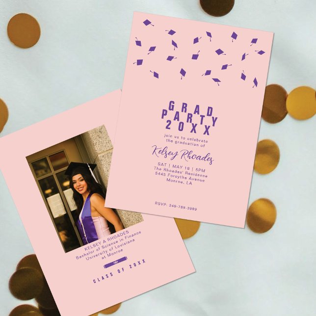 Graduation Cap Toss Blush Pink & Purple Grad Party Inbjudningar (Skapare uppladdad)