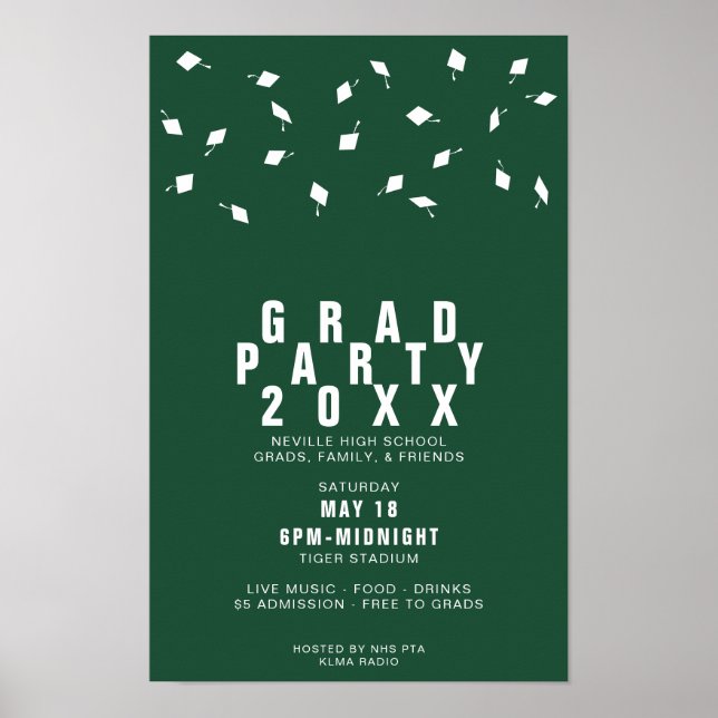 Graduation Cap Toss Green & White Grad Party Poster (Framsidan)
