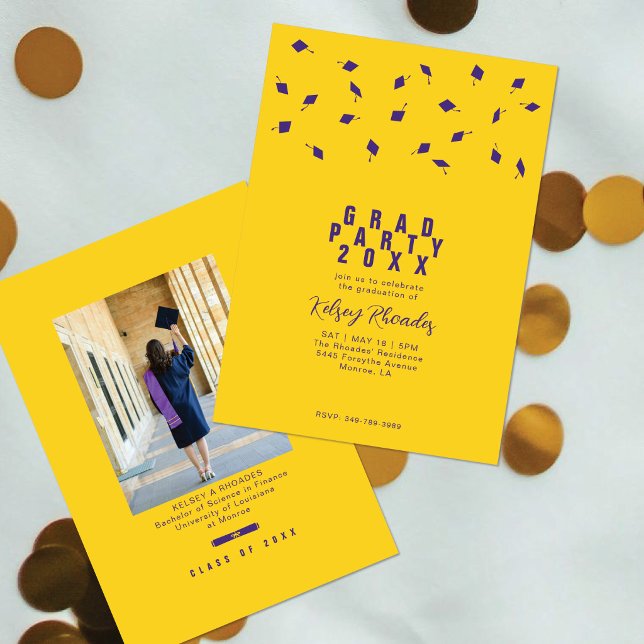 Graduation Cap Toss Purple & Gold Grad Party Inbjudningar (Skapare uppladdad)