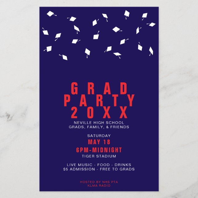 Graduation Cap Toss Red & Navy Grad Party Flygblad (Framsidan)