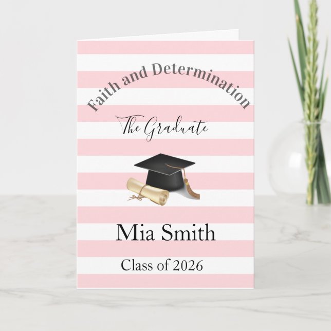 Graduation Cute Pink & White Stripe Greeting Card  Helgkort (Framsida)