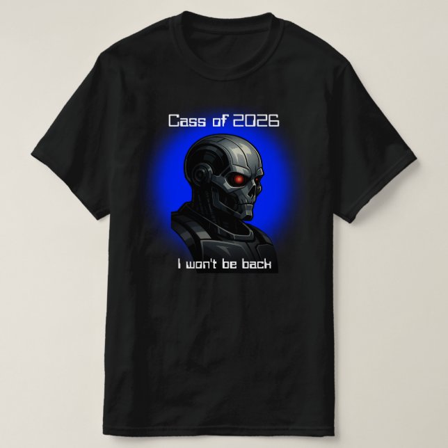Graduation Cyber Skull Blue Glow Robot Head Design T Shirt (Design framsida)