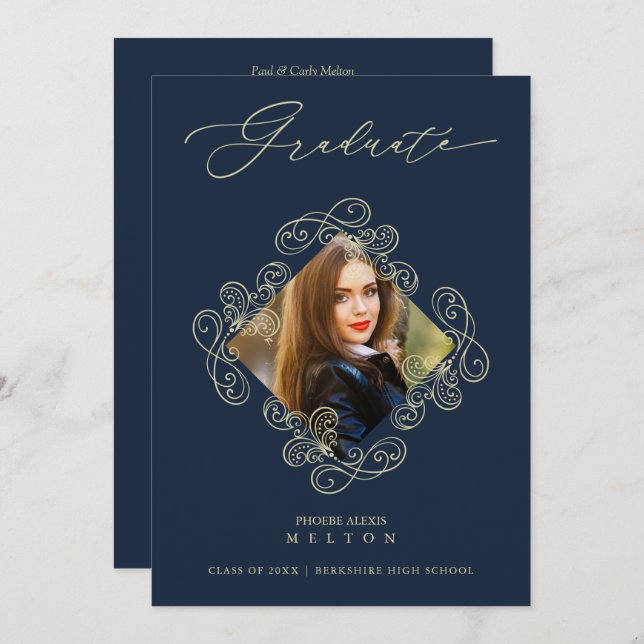 Graduation Gold Diamond Flourish Photo Invitation. Inbjudningar (Fram/baksida)