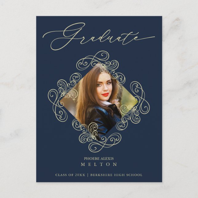 Graduation Gold Diamond Flourish Photo Invitation Vykort (Framsida)