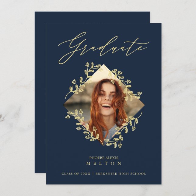 Graduation Gold Diamond Wildflower Navy Photo Inbjudningar (Fram/baksida)