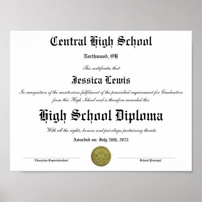 Graduation High School Graduate Diploma Poster (Framsidan)