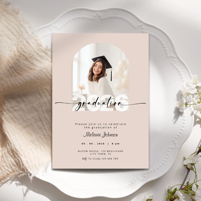 Graduation Invitation with Photo 2026 - Dusty Pink Inbjudningar (Dusty pink graduation invitation with photo.)