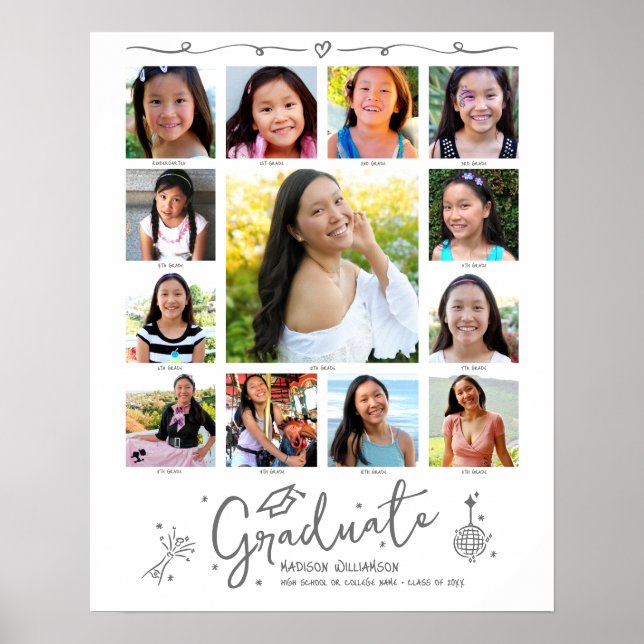 Graduation K–12 Photo Collage Gray Doodles White Poster (Framsidan)