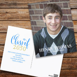 Graduation Modern Minimalist Script Class Of Blue Vykort