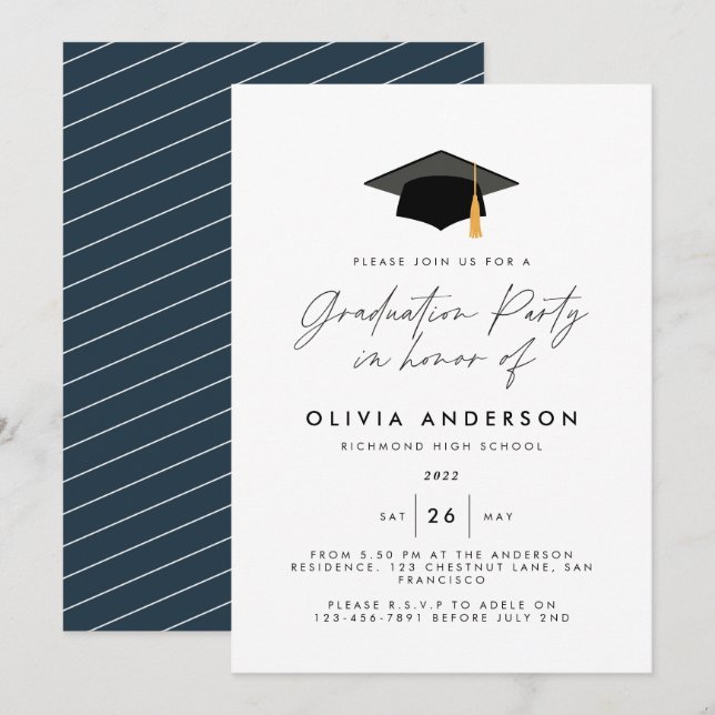 Graduation modern simple elegant navy blue party inbjudningar (Fram/baksida)
