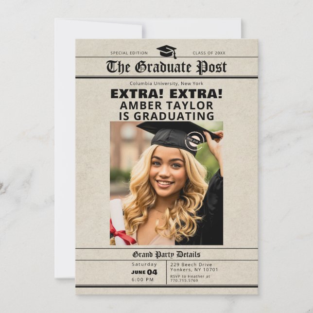 Graduation Newspaper “Extra Extra” Photo Inbjudningar (Framsida)