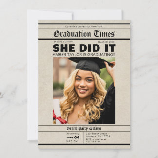 Graduation Newspaper She Did It Photo Inbjudningar