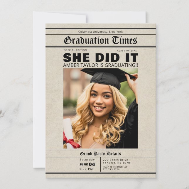 Graduation Newspaper She Did It Photo Inbjudningar (Framsida)
