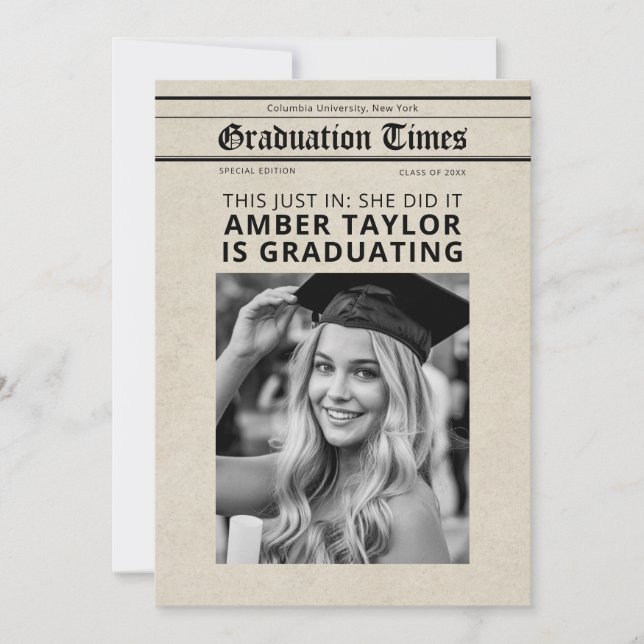 Graduation Newspaper “This Just In” B&W Photo Inbjudningar (Framsida)