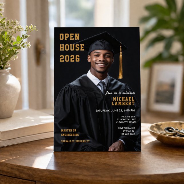Graduation Open House Photo Invite 2026 Inbjudningar (Open house graduation invitation with photo in modern black and gold design)