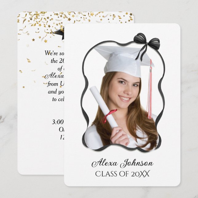 Graduation Party Black Bow And Ribbon Frame Inbjudningar (Fram/baksida)