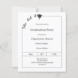 Graduation party black white She did it invitation