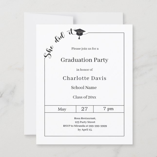 Graduation party black white She did it invitation (Framsida)