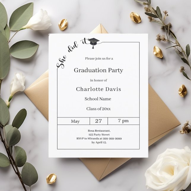 Graduation party black white She did it invitation (Skapare uppladdad)