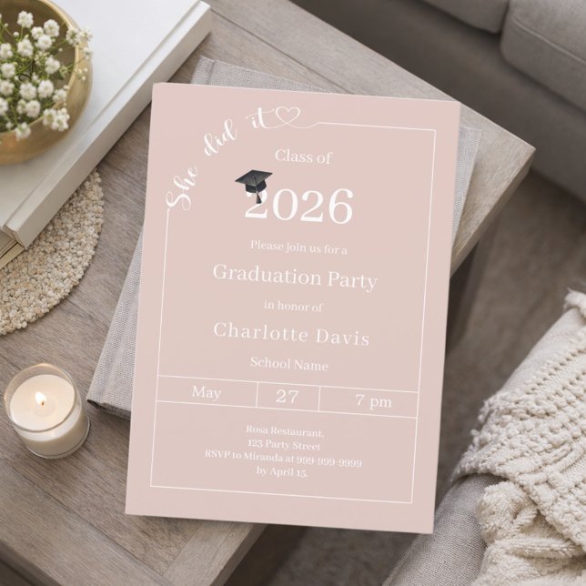 Graduation party blush pink neutral She did it Inbjudningar (Skapare uppladdad)