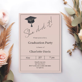 Graduation party blush pink neutral She did it Inbjudningar