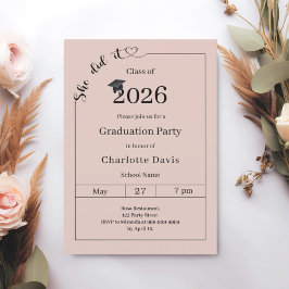 Graduation party blush pink neutral She did it Inbjudningar