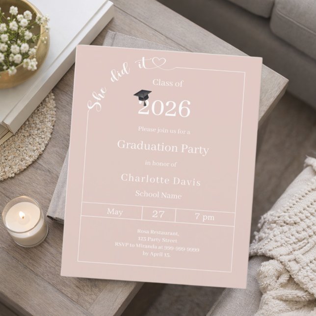 Graduation party blush pink She did it invitation (Skapare uppladdad)
