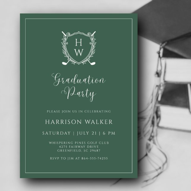 Graduation Party Golf Crest Elegant Script Sage Inbjudningar (A polished look for a milestone worth celebrating. Custom monogram makes it uniquely theirs.)