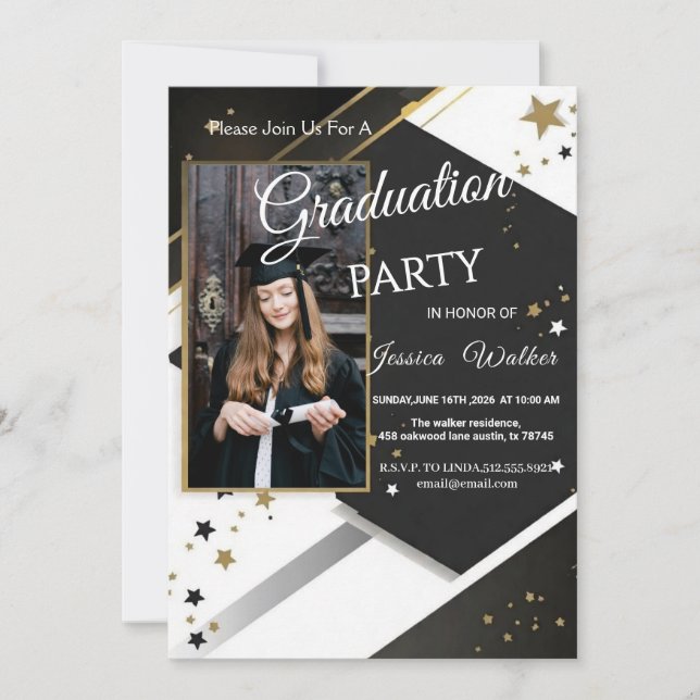 Graduation Party Invitation Black Gold Photo  Inbjudningar (Framsida)