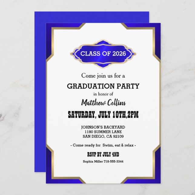 Graduation Party Invitation blue Retro Inspired  Inbjudningar (Fram/baksida)
