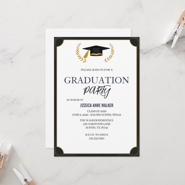 Graduation Party Invitation Elegant Blue Editable  Inbjudningar (Fram/Back In Situ)