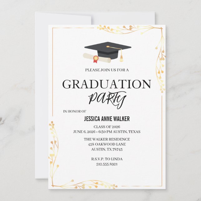 Graduation Party Invitation Elegant Gold Editable  Inbjudningar (Framsida)