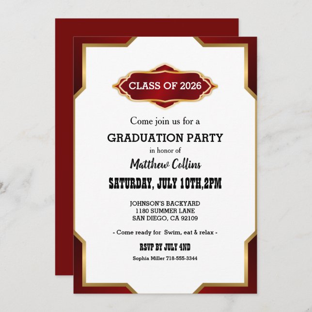 Graduation Party Invitation Red Retro Inspired  Inbjudningar (Fram/baksida)