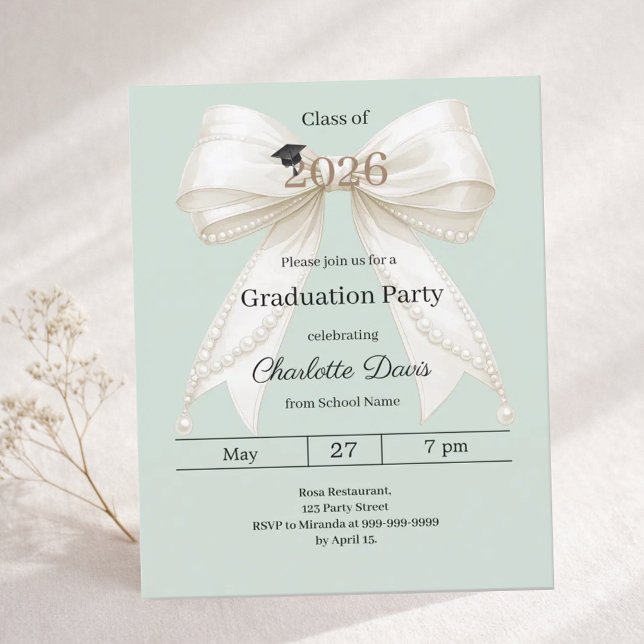 Graduation party ivory bow green 2026 invitation (Skapare uppladdad)