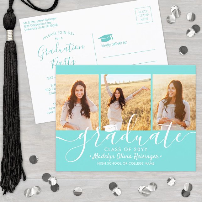 Graduation Party Modern Script Teal Blue 3 Photo Inbjudan Vykort (Skapare uppladdad)
