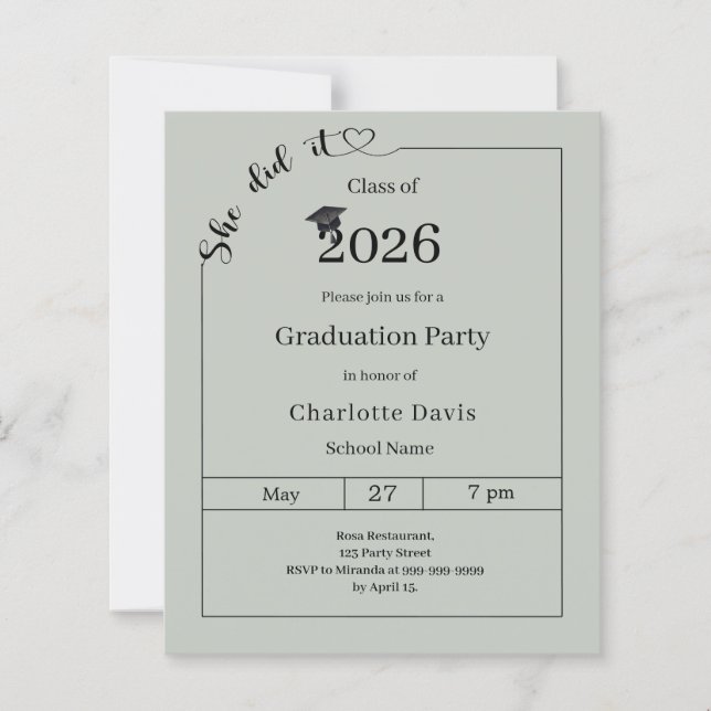 Graduation party Sage Green She did it invitation (Framsida)