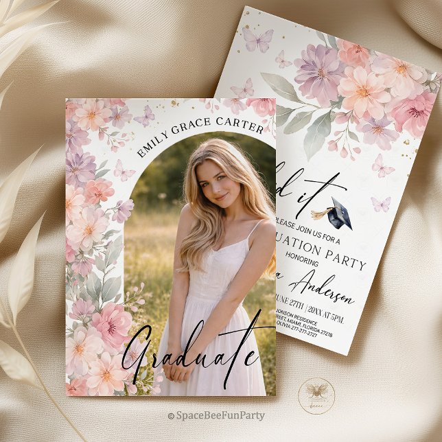 Graduation Party  Wildflower Photo Inbjudningar (graduation invitation, wildflower invite, boho floral, graduation party, photo invitation, bohemian )
