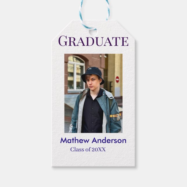 Graduation photo name class of 20XX blue simple bo Presentetikett (Framsidan)