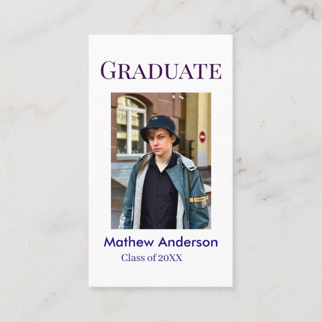 Graduation photo name class of 20XX blue simple bo Visitkort (Framsida)
