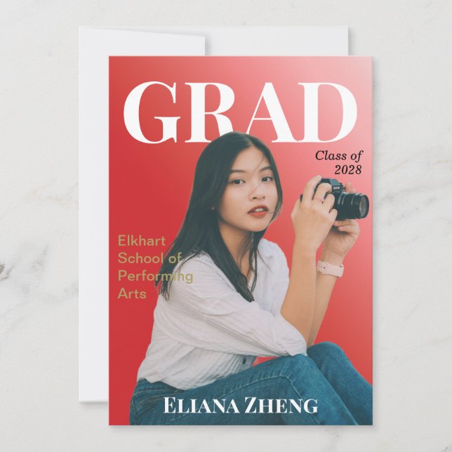 Graduation Red Black White Magazine Announcement Inbjudningar (Framsida)
