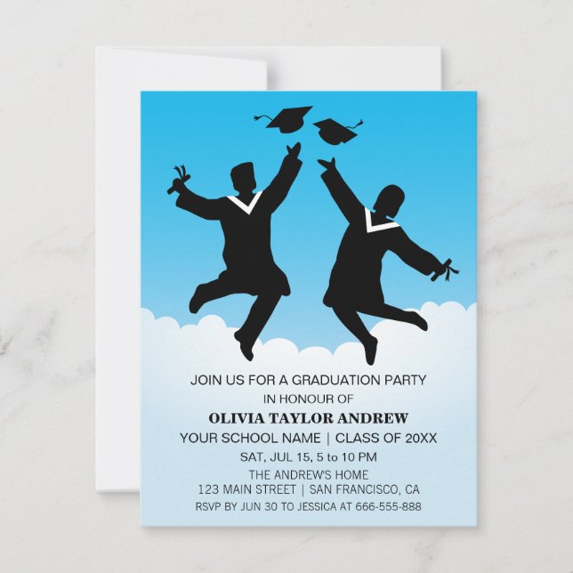 Graduationsfestinladan för hoppande studenter inbjudningar (Framsida)