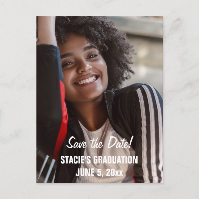 Gradueringskort med datum sparad foto i scriptstil vykort (Framsida)
