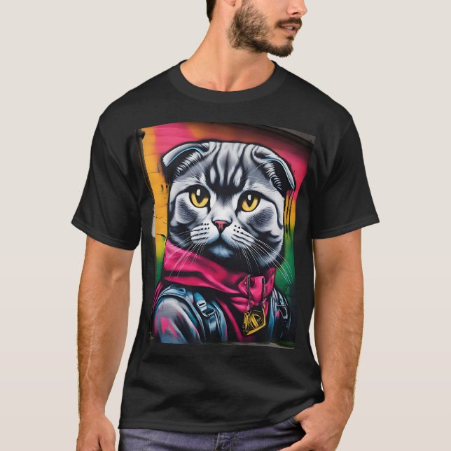 Graffiti Art av en skotsk fold Cat T Shirt (Framsida)