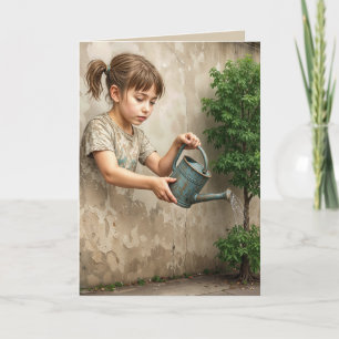 Graffiti Art of Young Girl Watering a City Träd Kort
