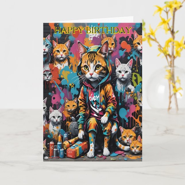 Graffiti Artist Street Cat Milestone Birthday Kort (Gul blomma)