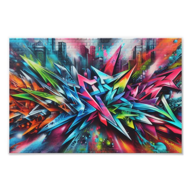 Graffiti auf Ziegelwand mit Skyline Streetart Fototryck (Framsidan)