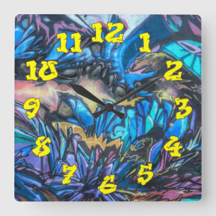Graffiti Background w/Graffiti Numbers-02 Fyrkantig Klocka