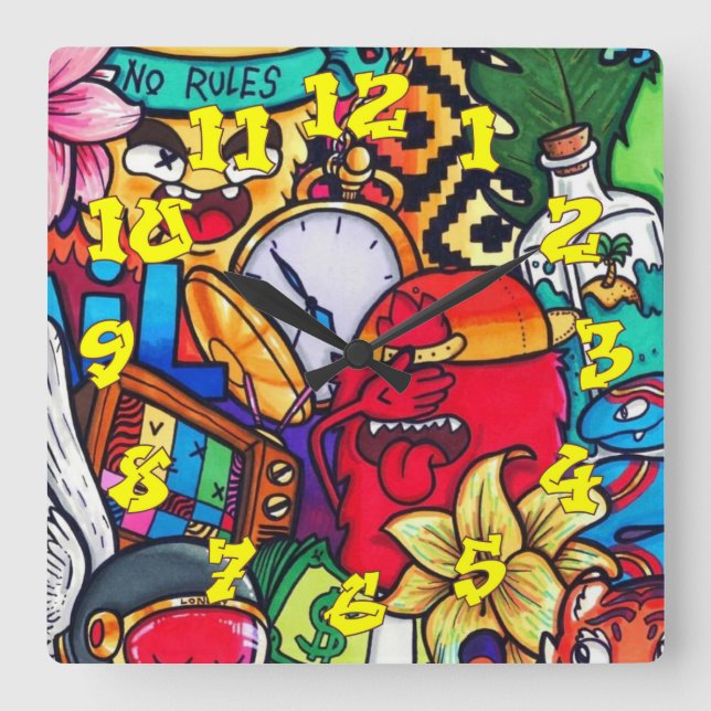 Graffiti Background w/Graffiti Numbers-13 Fyrkantig Klocka (Framsida)