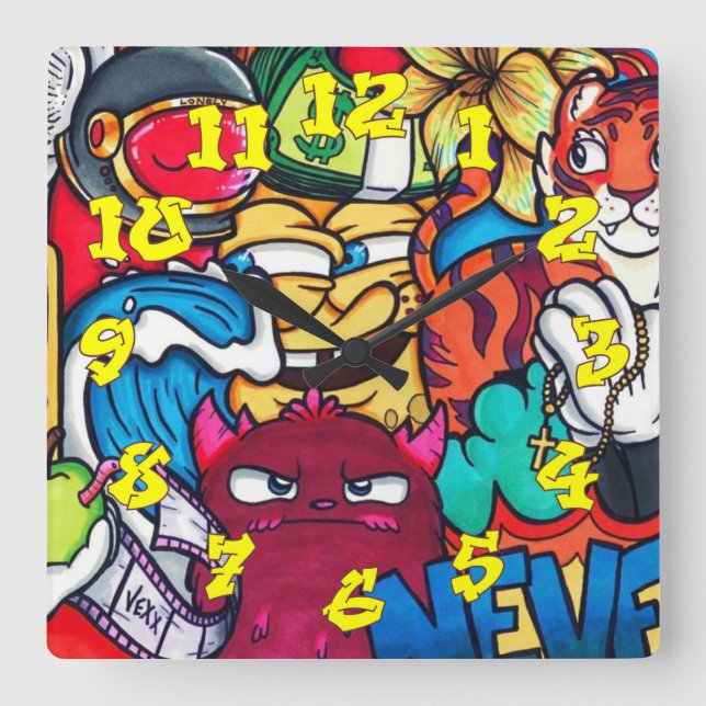 Graffiti Background w/Graffiti Numbers-14 Fyrkantig Klocka (Framsida)