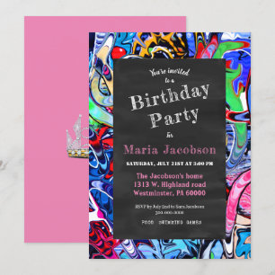 Graffiti chalkboard princess party inbjudningar